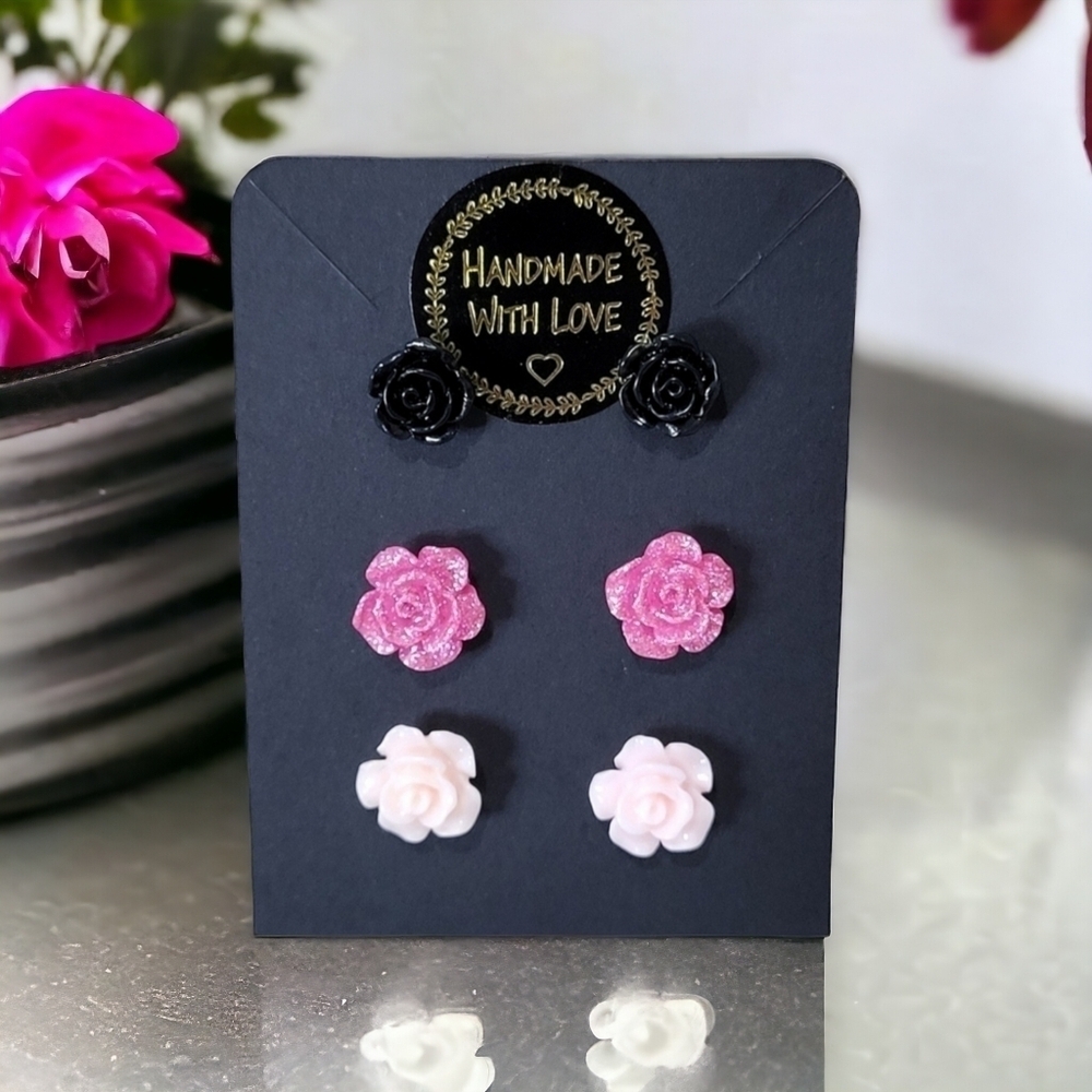 Handcrafted Black Light Pink And Medium Pink Mini Rose Earrings Trio